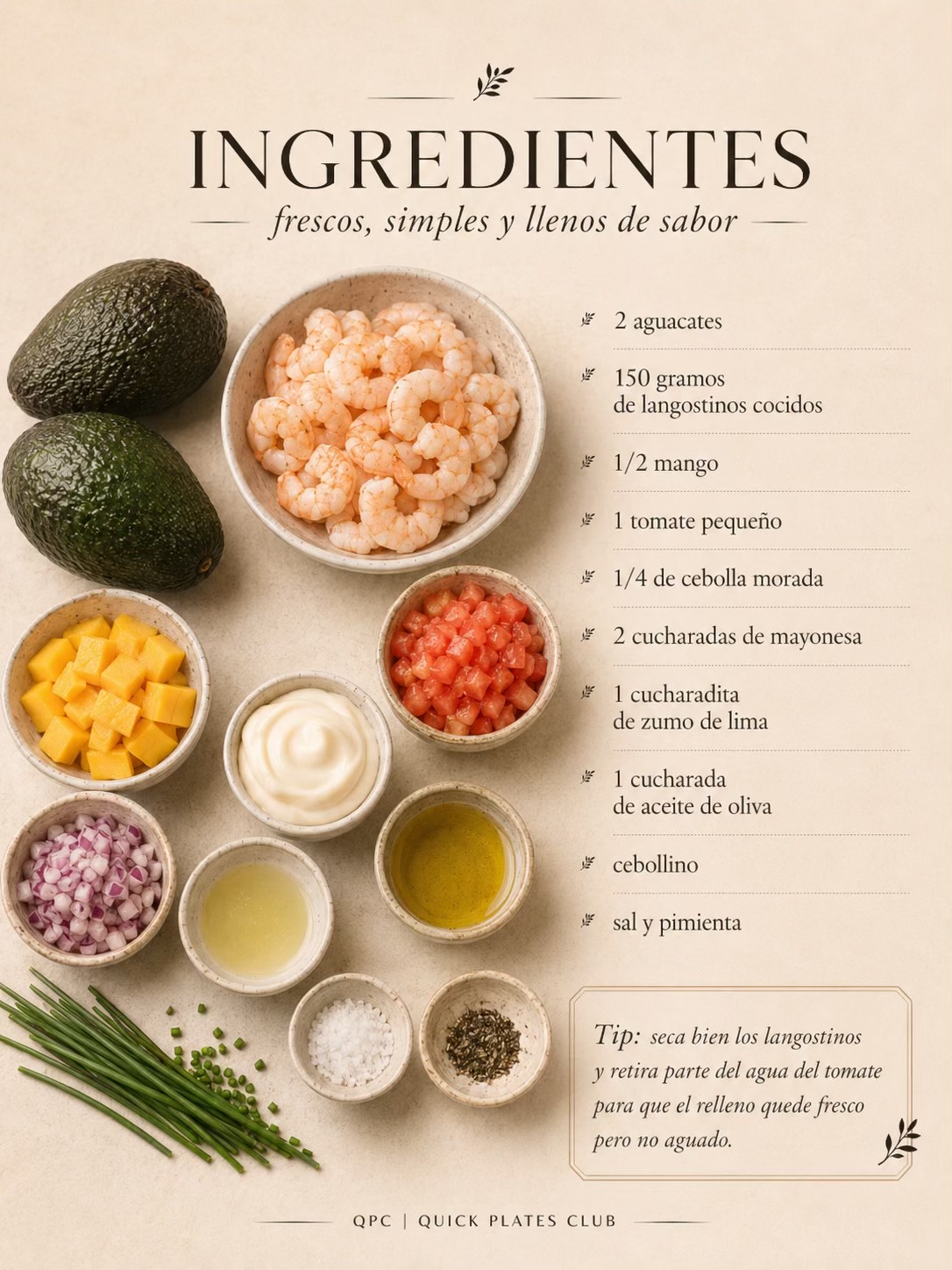 Aguacates rellenos de langostinos, mango y lima - ingredientes