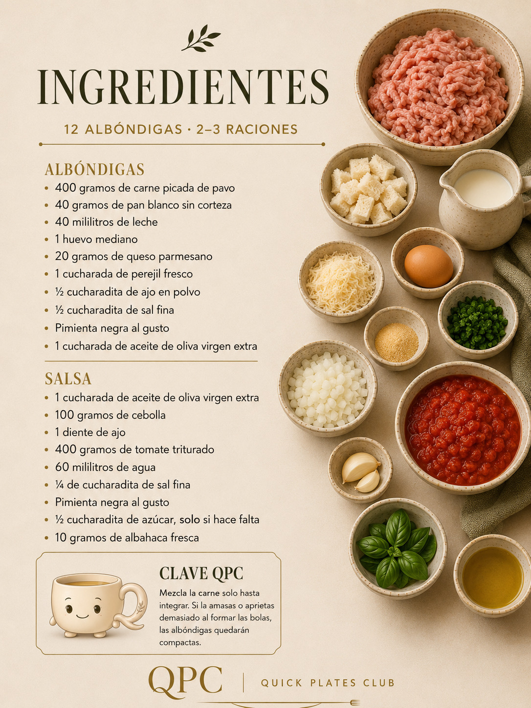 Albóndigas de pavo en salsa de tomate y albahaca - ingredientes