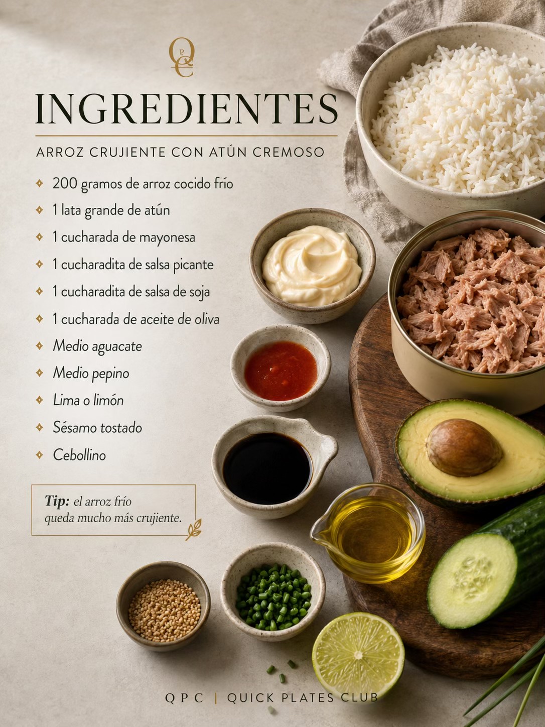 Arroz crujiente con atún cremoso - ingredientes