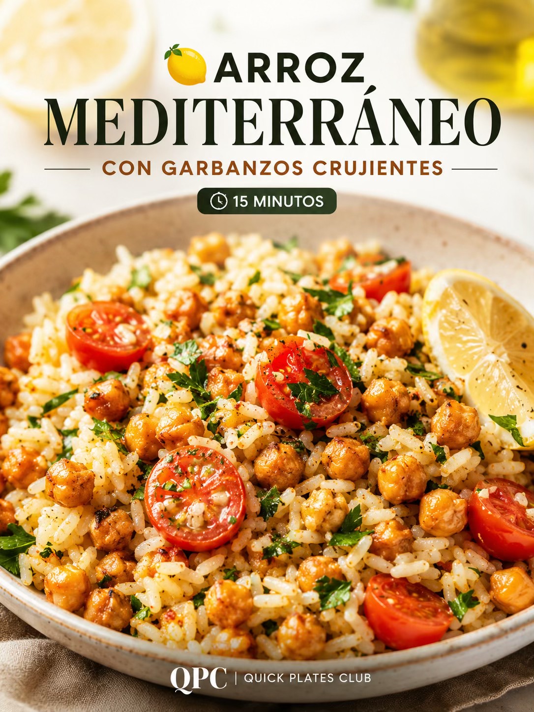 Arroz mediterráneo con garbanzos crujientes