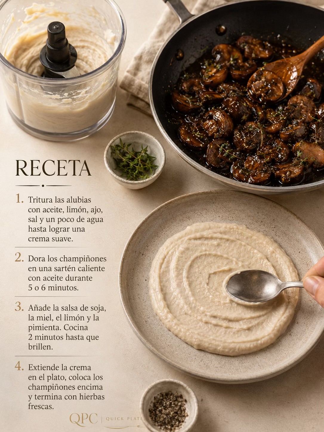 Champiñones lacados con crema de alubias - receta
