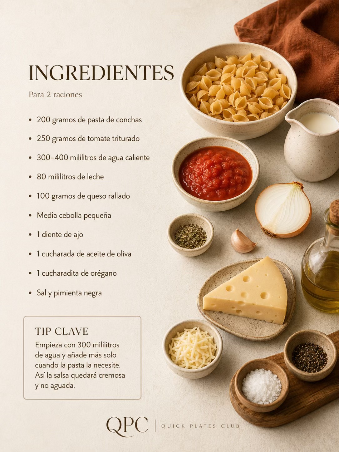 CONCHITAS CREMOSAS CON TOMATE Y QUESO FUNDIDO - ingredientes