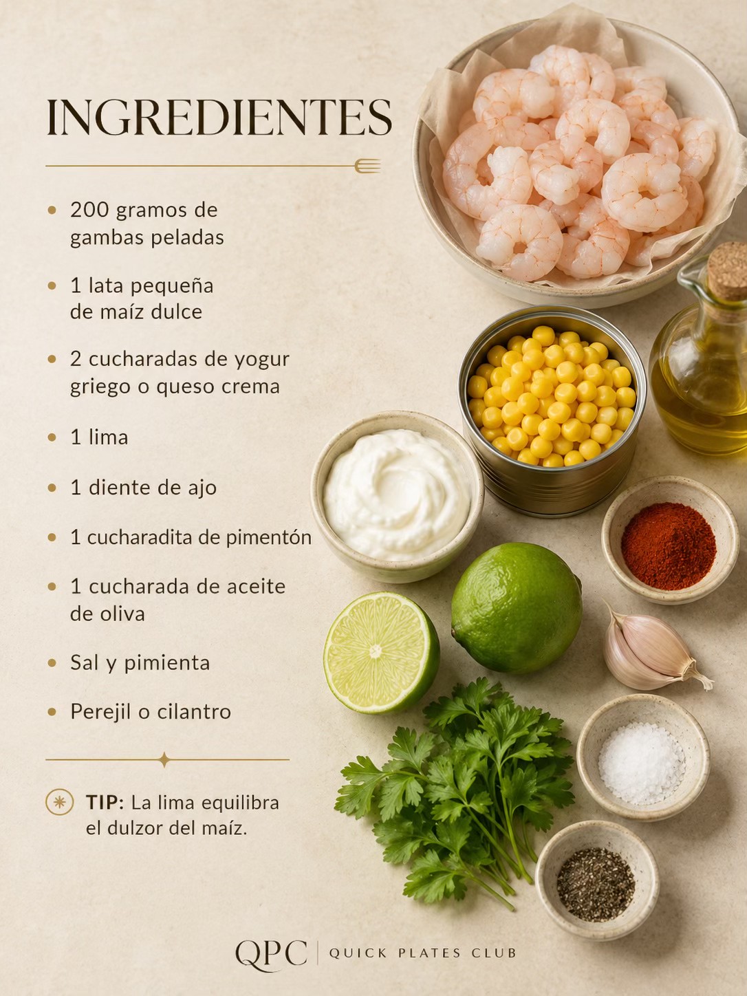Gambas doradas con crema de maíz y lima - ingredientes