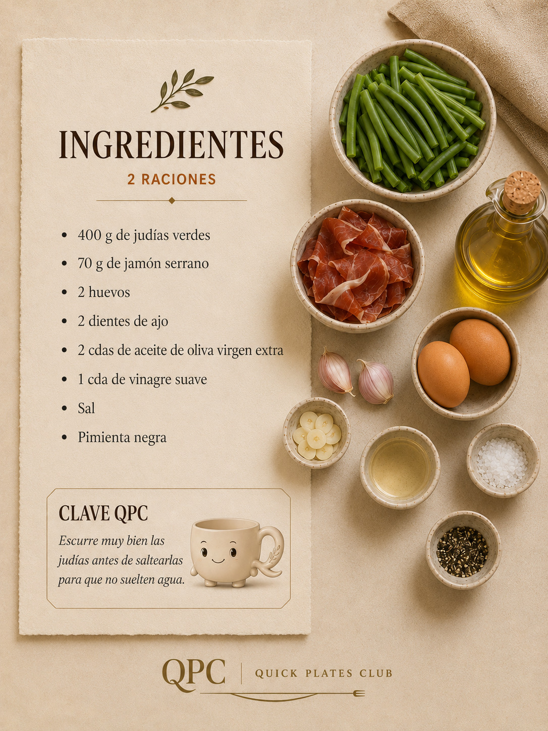 Judías verdes con jamón y huevo poché - ingredientes