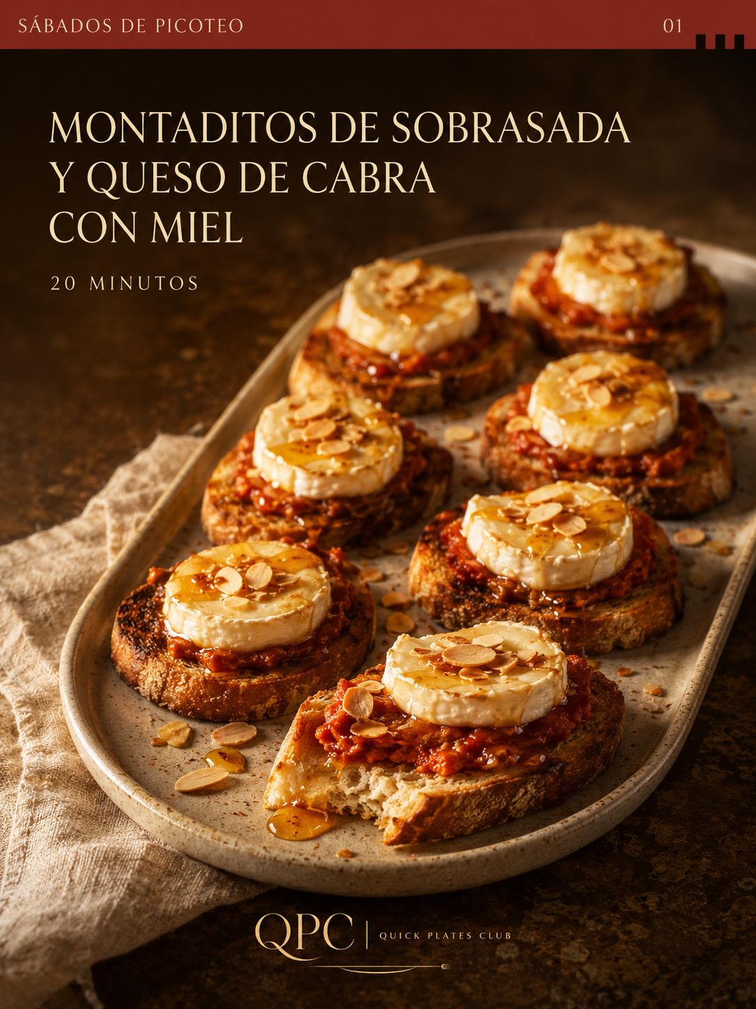 Montaditos de sobrasada, queso de cabra y miel
