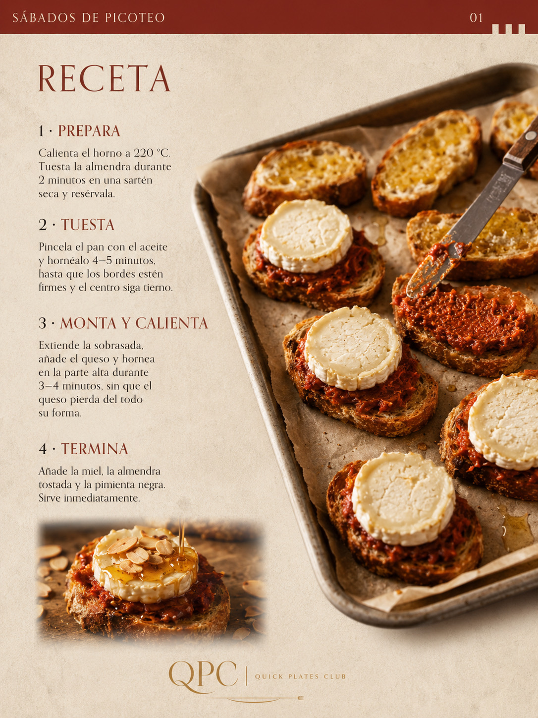 Montaditos de sobrasada, queso de cabra y miel - receta