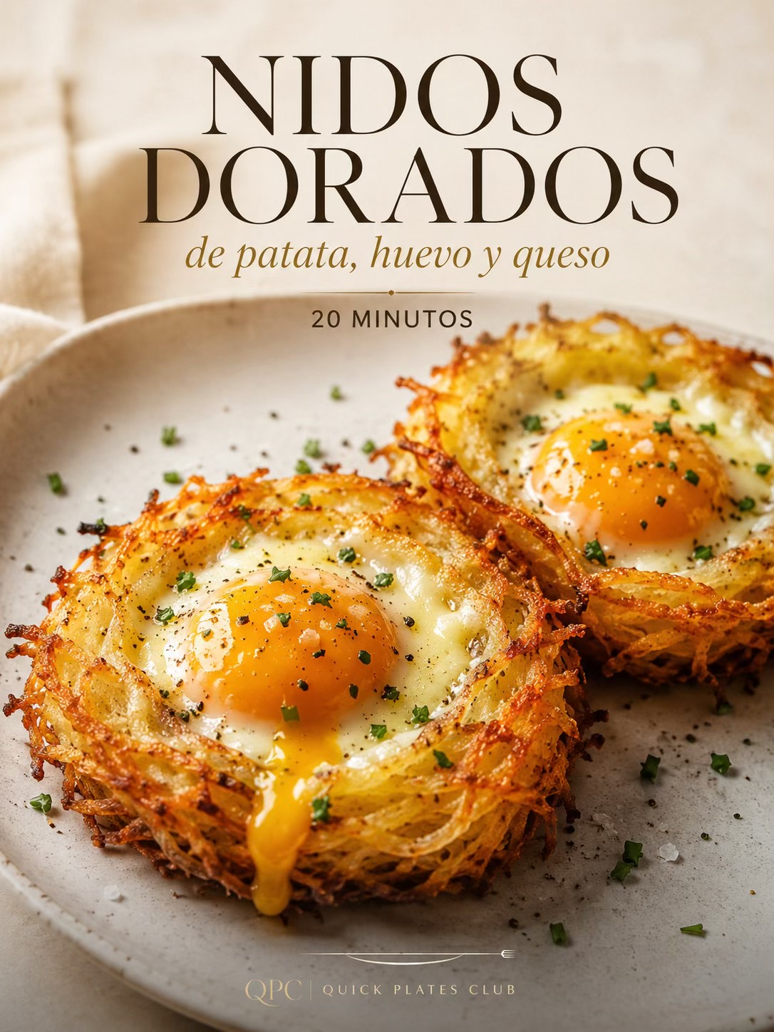 Nidos dorados de patata, huevo y queso