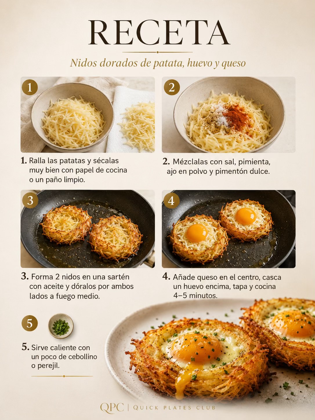 Nidos dorados de patata, huevo y queso - receta