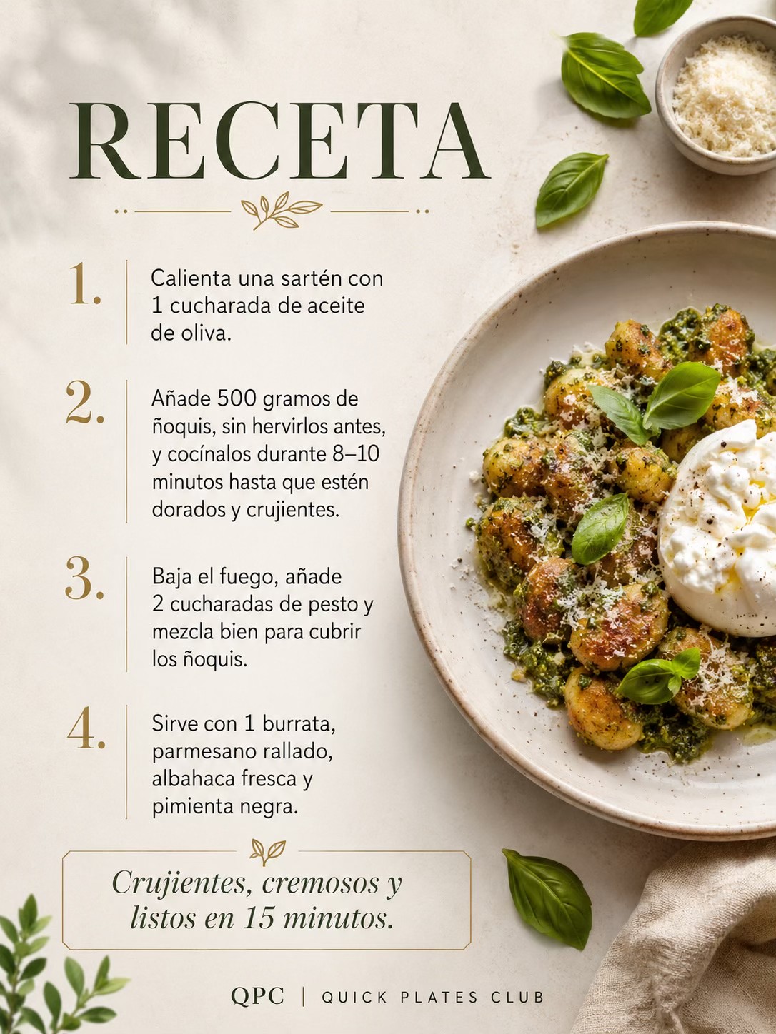 Ñoquis crujientes con pesto y burrata - receta
