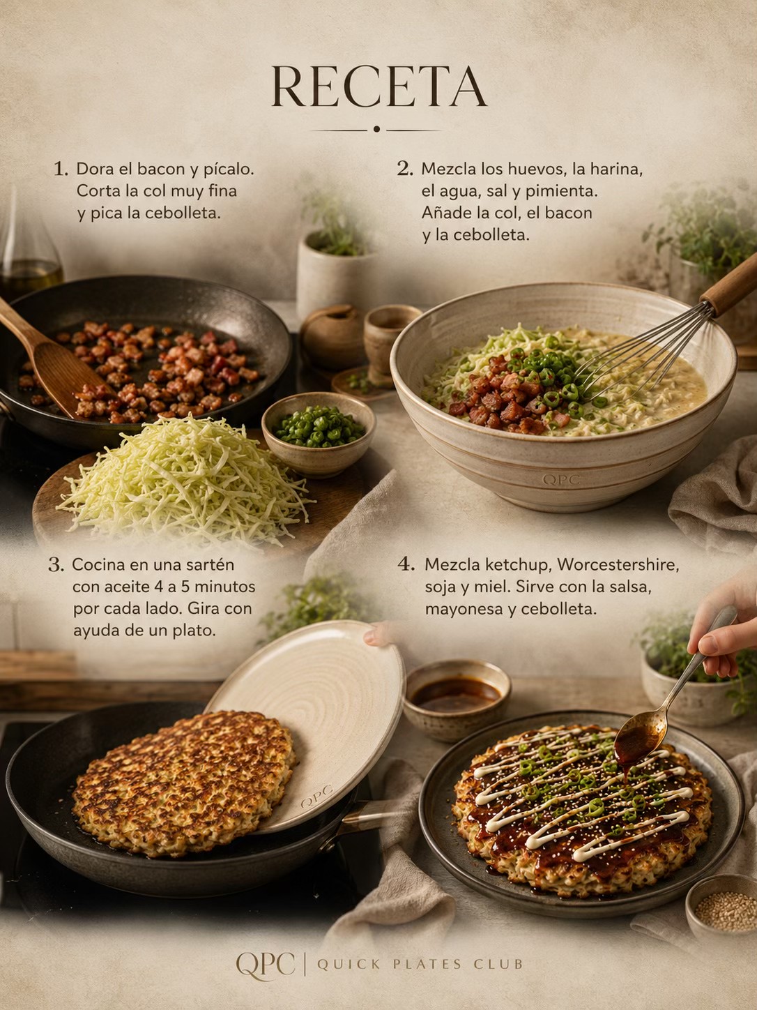 Okonomiyaki exprés de bacon y col - receta