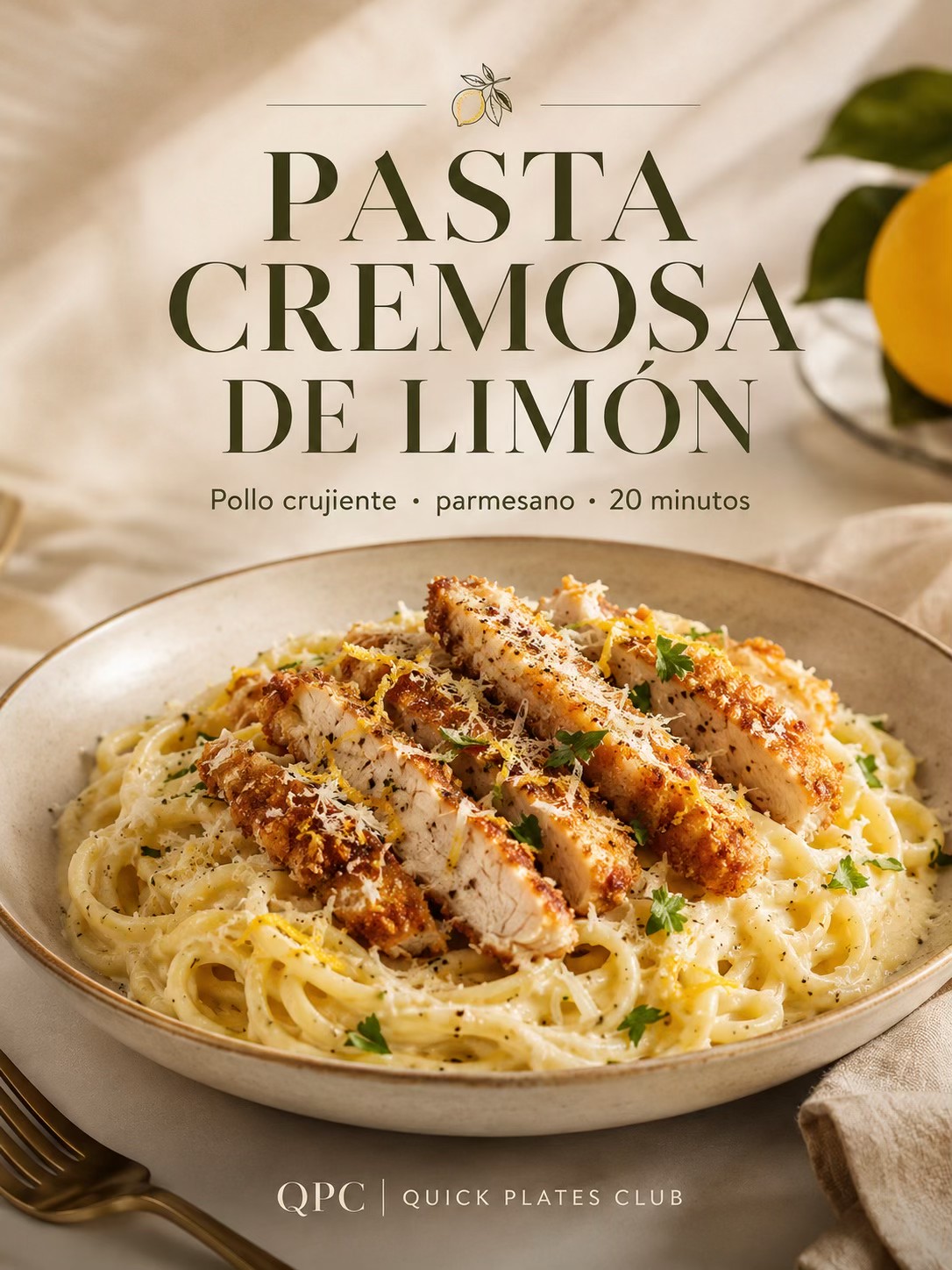 Pasta cremosa de limón con pollo crujiente