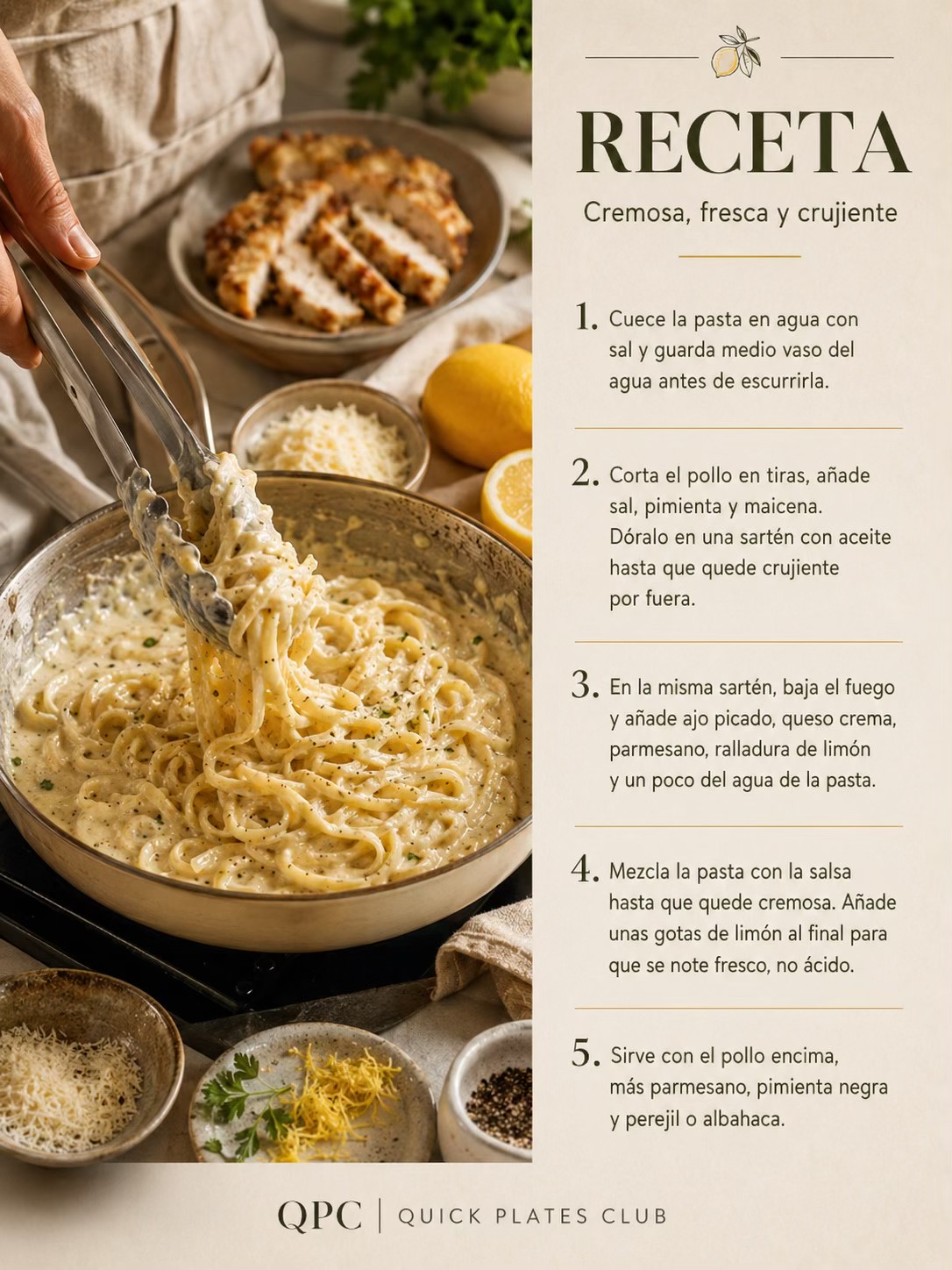 Pasta cremosa de limón con pollo crujiente - receta