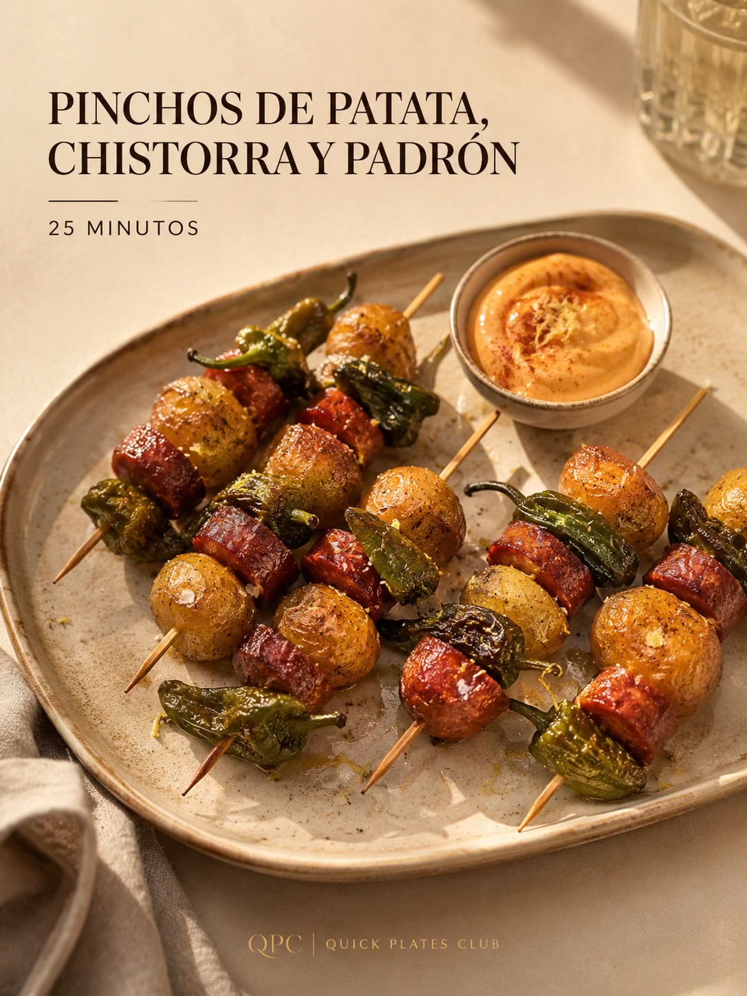 Pinchos de patata, chistorra y Padrón