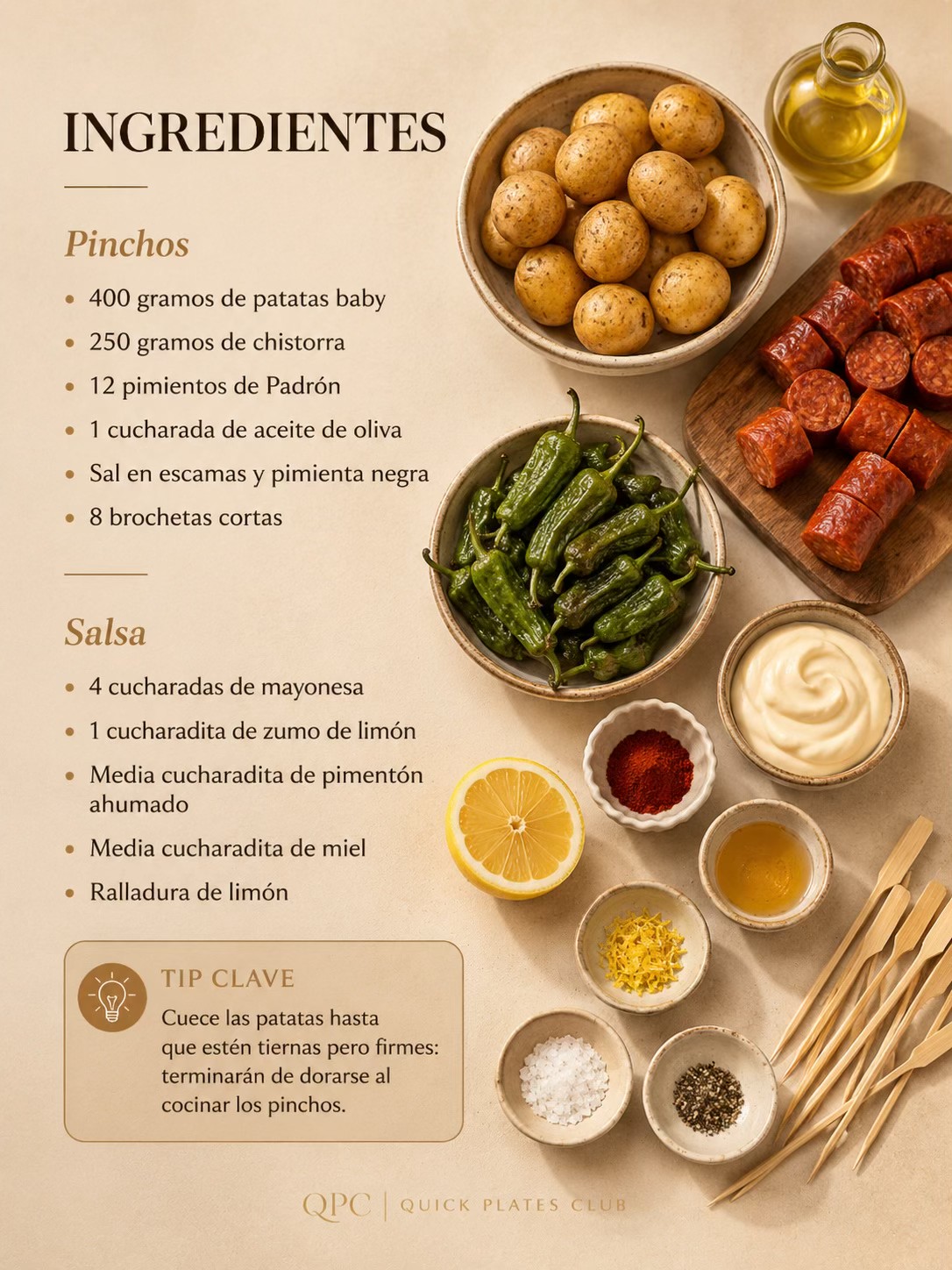 Pinchos de patata, chistorra y Padrón - ingredientes