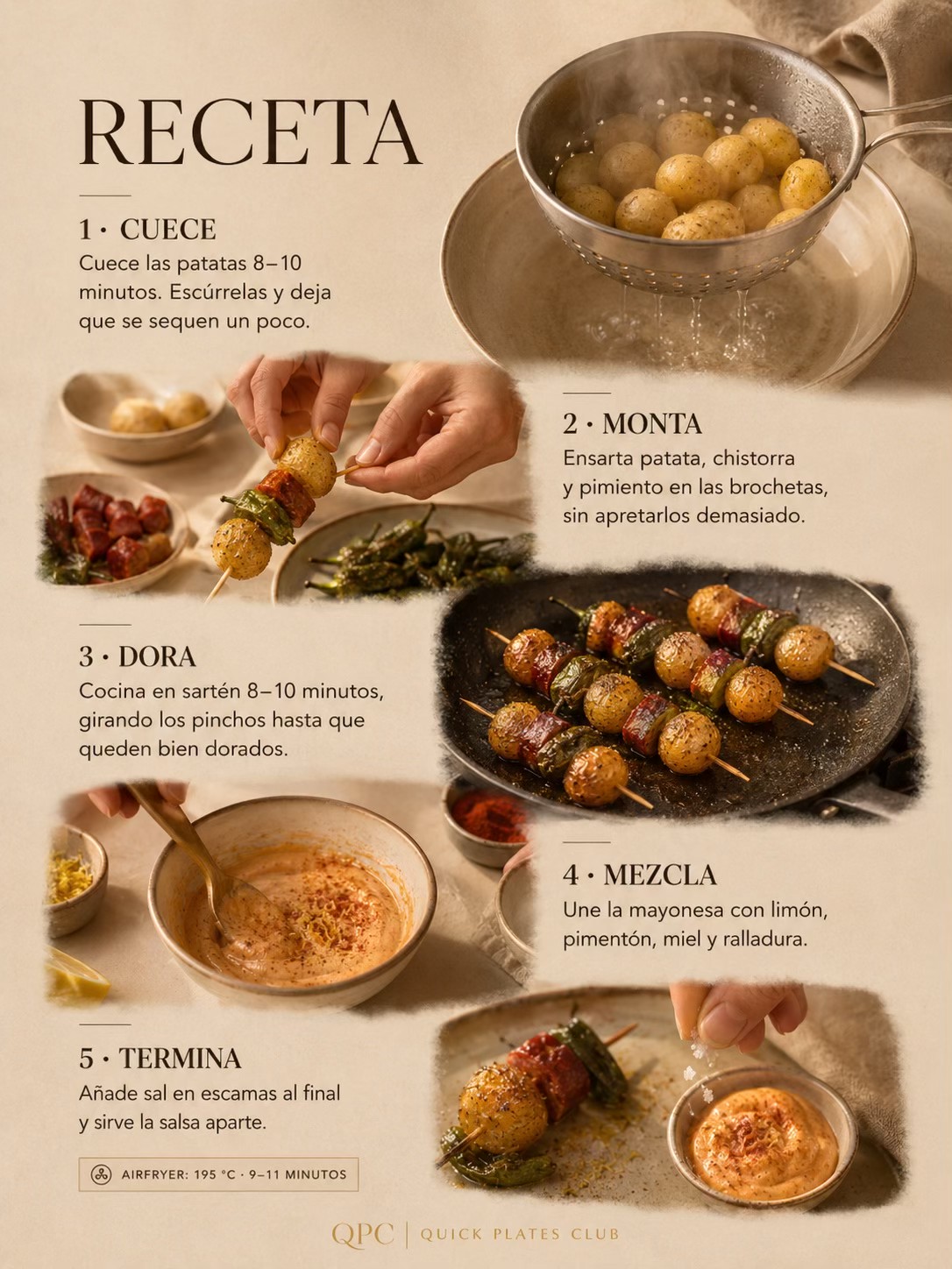 Pinchos de patata, chistorra y Padrón - receta