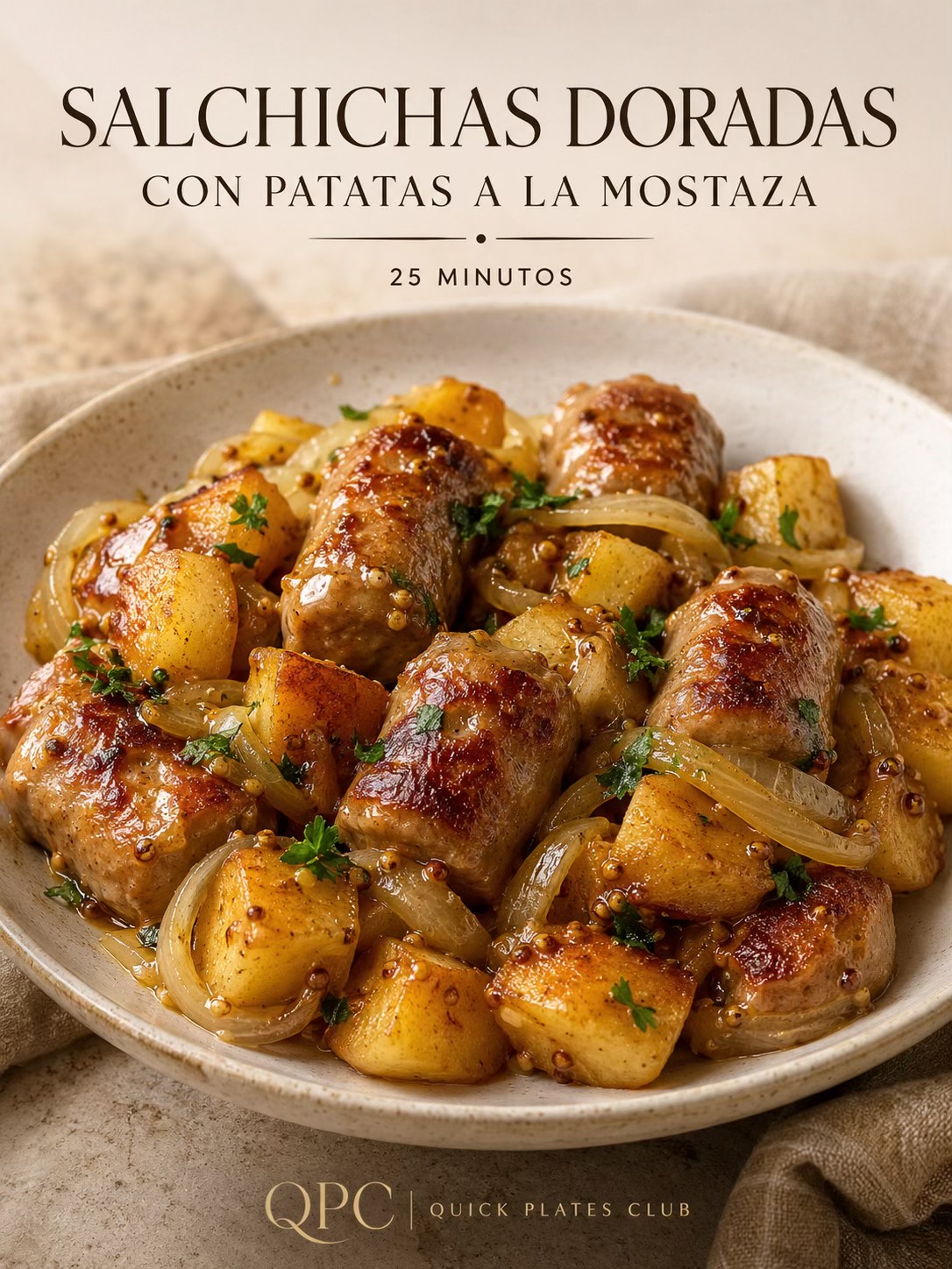 Salchichas doradas con patatas a la mostaza