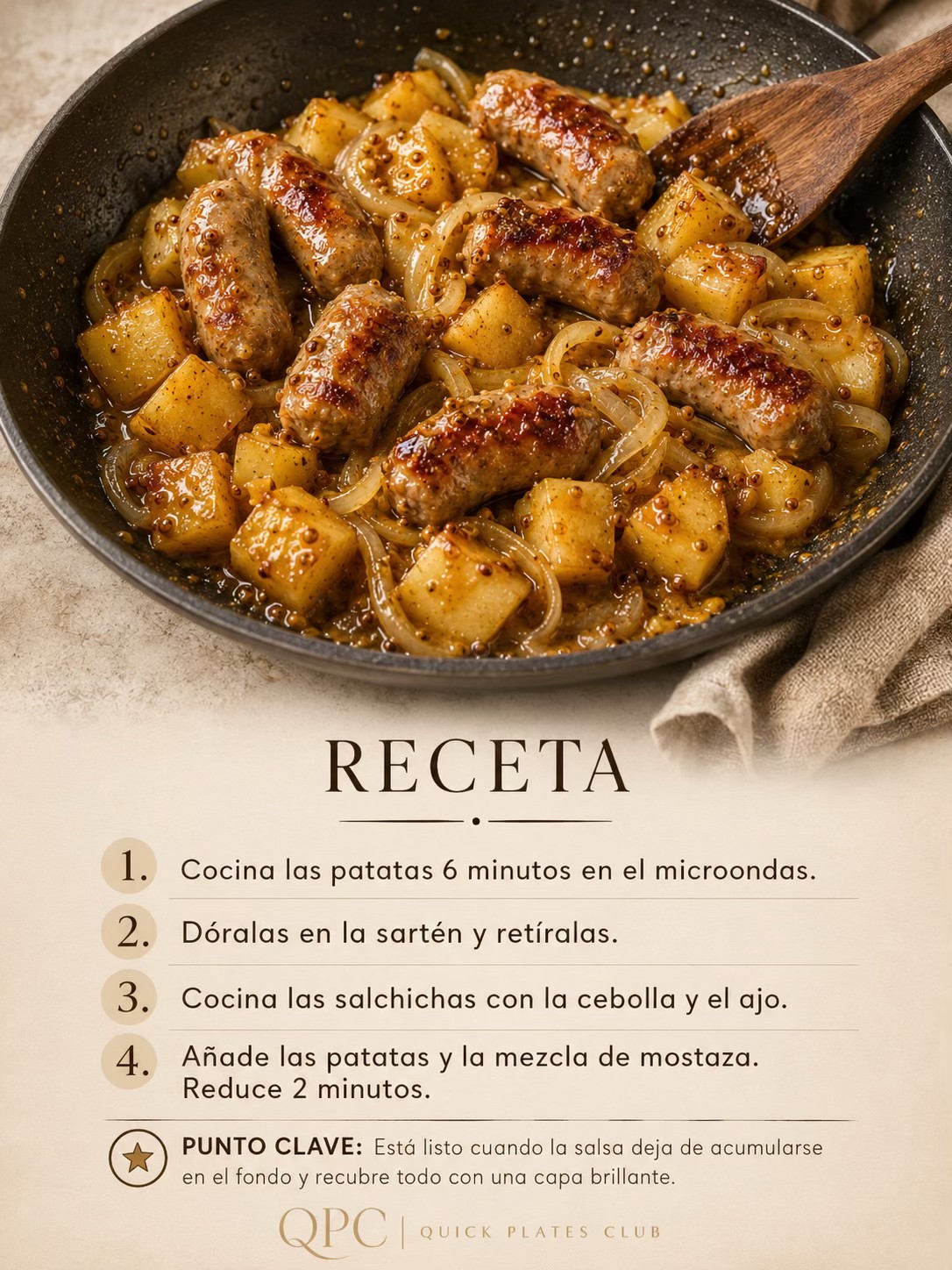 Salchichas doradas con patatas a la mostaza - receta
