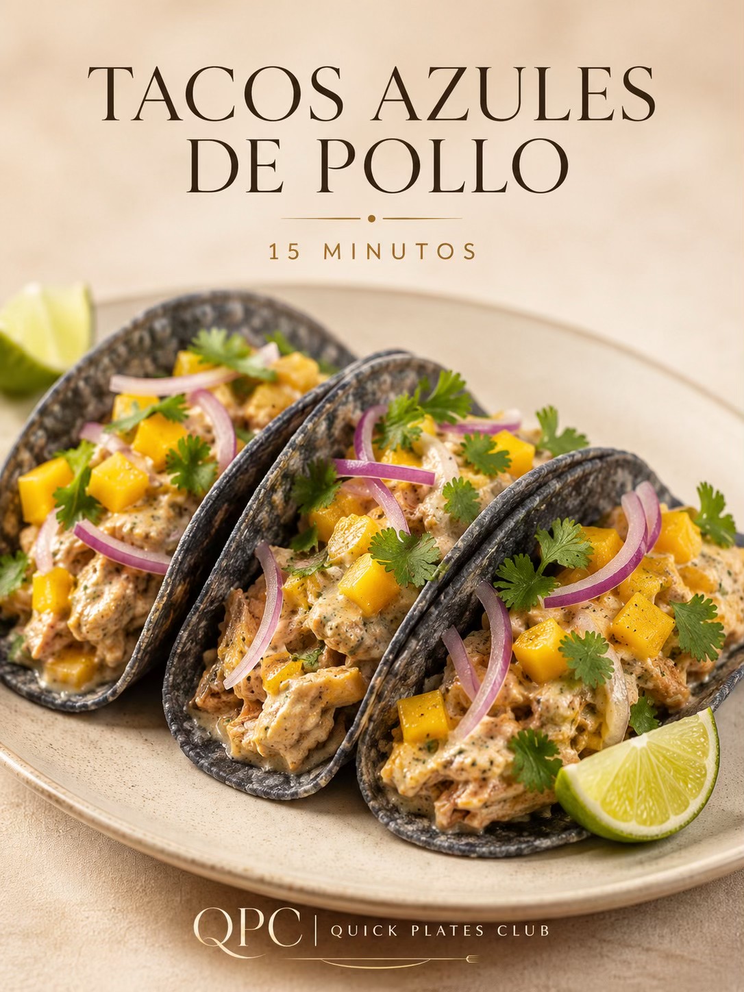 Tacos azules de pollo cremoso, mango y lima