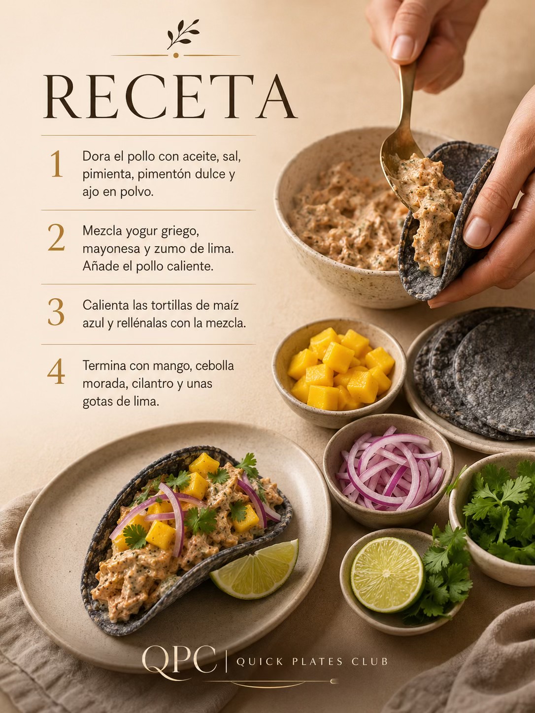 Tacos azules de pollo cremoso, mango y lima - receta