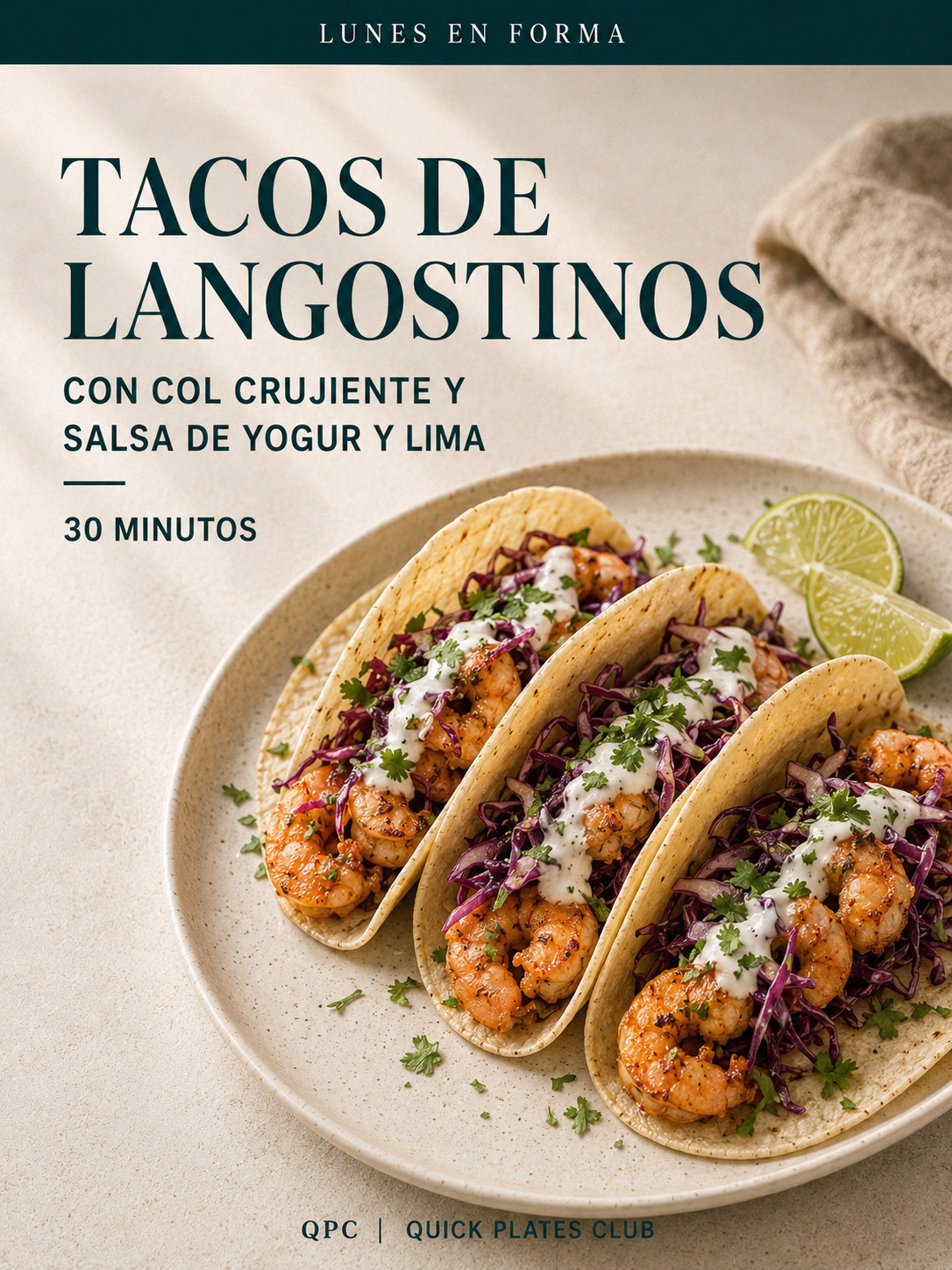 Tacos de langostinos con col crujiente y salsa de yogur y lima