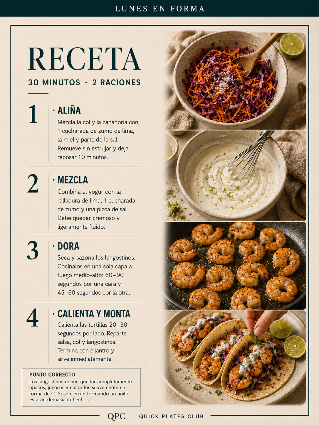 Tacos de langostinos con col crujiente y salsa de yogur y lima - receta